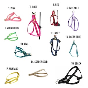 May include: Assortment of 10 dog harnesses in various colors, including pink, rose, red, lavender, neon green, teal, navy, ocean blue, copper gold, mustard, and black.