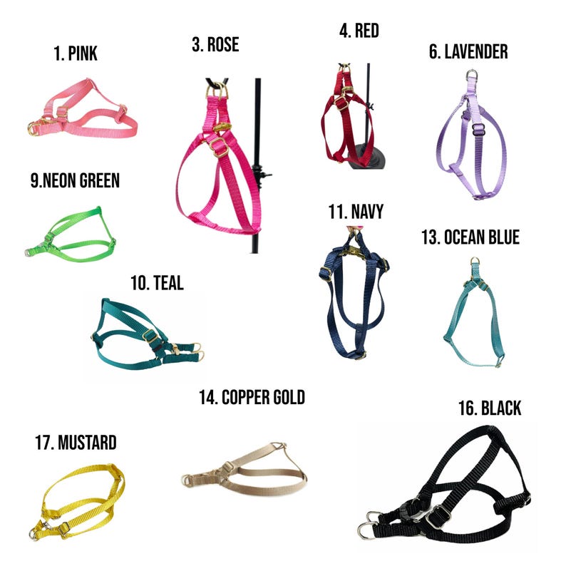 May include: Assortment of 10 dog harnesses in various colors, including pink, rose, red, lavender, neon green, teal, navy, ocean blue, copper gold, mustard, and black.