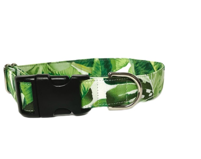Banana Leaves Personalized Collar. Handmade in USA. Fabric Style. Tagless Dog ID.