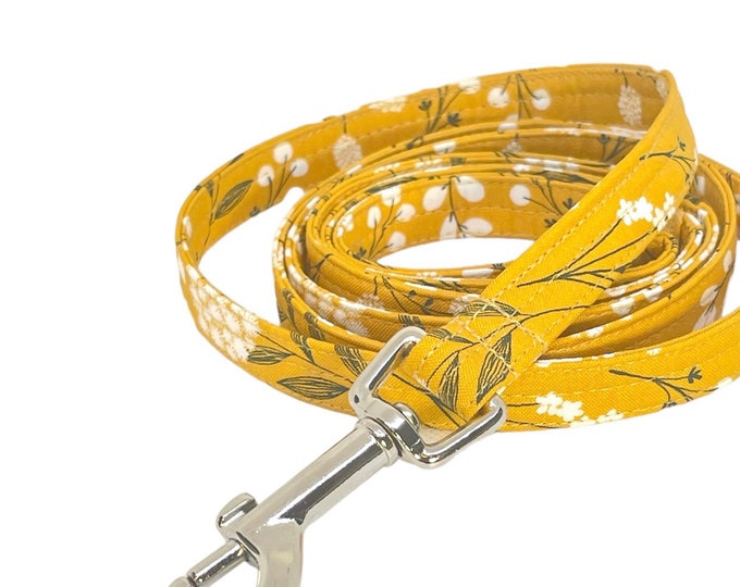 Fabric Dog Leash. Yellow Floral Print. Handmade in USA
