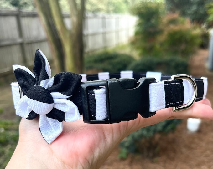 Black White Stripes Personalized Collar. Handmade in USA. Fabric Style. Tagless Dog ID.