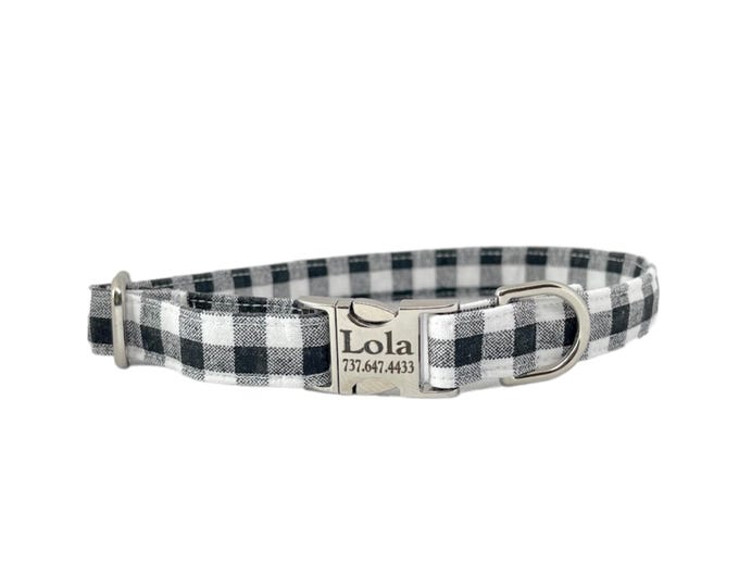 Black White Gingham Personalized Collar. Handmade in USA. Fabric Style. Tagless Dog ID.