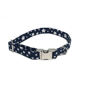 Navy Star Print Personalized Collar. Handmade in USA. Fabric Style. Tagless Dog ID