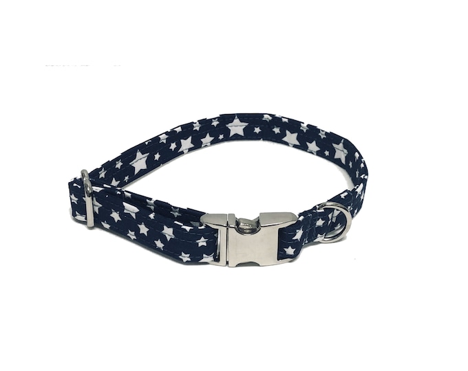 Navy Star Print Personalized Collar. Handmade in USA. Fabric Style. Tagless Dog ID