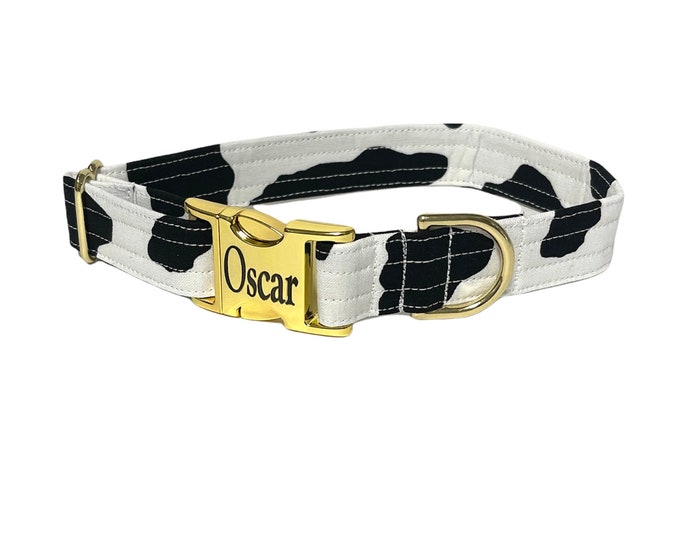 Spotted Cow Personalized Collar. Handmade in USA. Fabric Style. Tagless Dog ID.