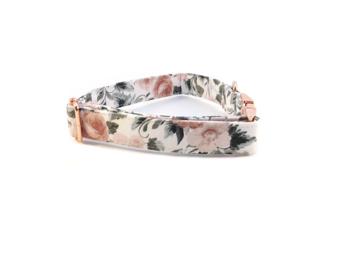 Paris Rose Personalized Collar. Handmade in USA. Fabric Style. Tagless Dog ID.