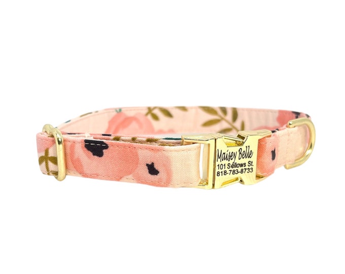 Peach Rose Floral Personalized Collar. Handmade in USA. Fabric Style. Tagless Dog ID.