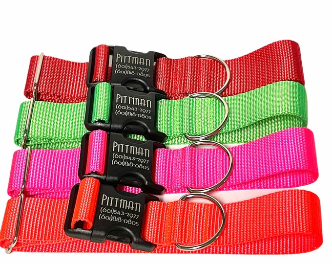 1.5" Pick your Color Personalized Nylon Collar. Handmade in USA. Tagless Dog ID