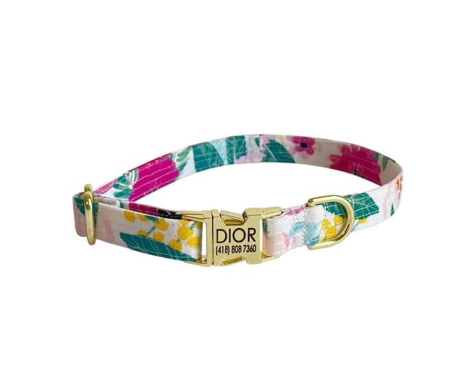Plum Floral Personalized Collar. Handmade in USA. Fabric Style. Tagless Dog ID.