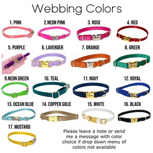 May include: A chart showing 17 different colors of webbing for dog collars. The colors are arranged in rows of four, with the color name and number listed below each color. The colors include pink, neon pink, rose, red, purple, lavender, orange, green, neon green, teal, navy, royal, ocean blue, copper gold, white, black, and mustard.