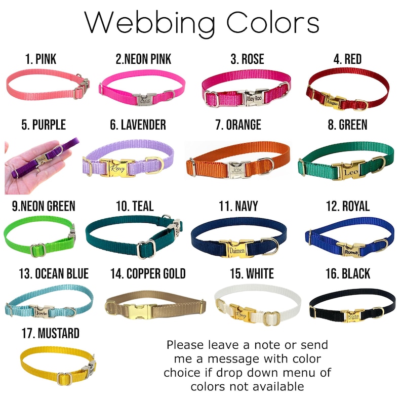 May include: A chart showing 17 different colors of webbing for dog collars. The colors are arranged in rows of four, with the color name and number listed below each color. The colors include pink, neon pink, rose, red, purple, lavender, orange, green, neon green, teal, navy, royal, ocean blue, copper gold, white, black, and mustard.