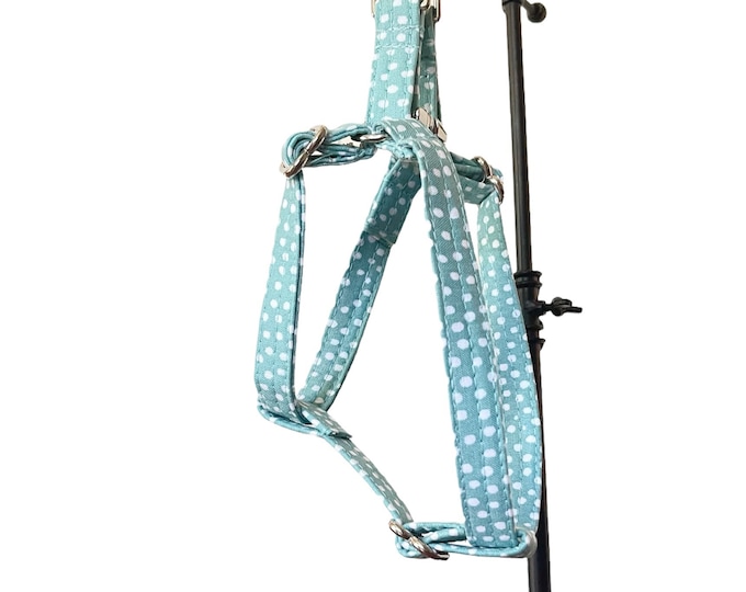 Step-in Dog Harness. Teal Dotty Print. Handmade in USA
