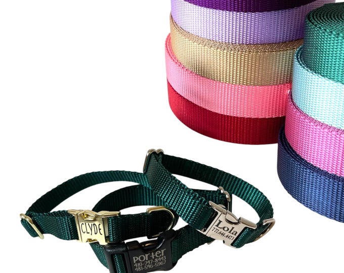 Pick your Color Personalized Nylon Collar. Handmade in USA. Tagless Dog ID