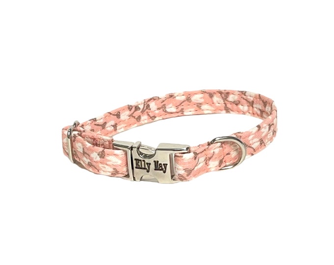 3/8" Dainty Peachy Floral Personalized Collar. Handmade in USA. Fabric Style. Tagless Dog ID