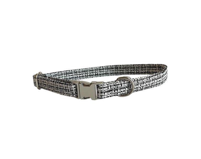 Black White Tweed Personalized Collar. Handmade in USA. Fabric Style. Tagless Dog ID.
