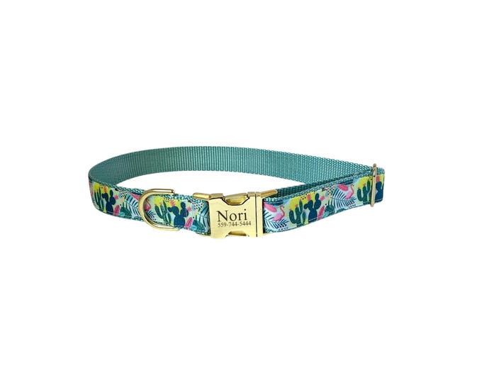1" Summer Cacti Collar  | Floral Dog Collar | Engraved dog collar | Tagless ID tag