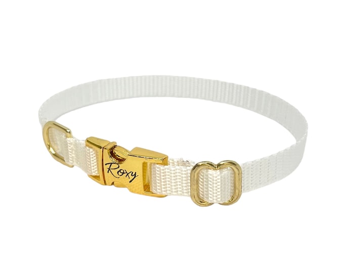 3/8" Dainty Personalized Collar - White - Handmade in USA. Tagless Dog ID
