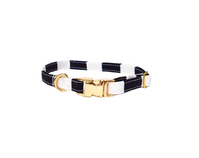 3/8" Dainty Black White Stripes Personalized Collar. Handmade in USA. Fabric Style. Tagless Dog ID