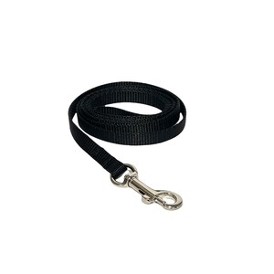 May include: A black nylon dog leash with a silver metal clip.