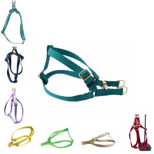 May include: A set of nine adjustable dog harnesses in various colors, including teal, purple, yellow, green, beige, and red. The harnesses are made of nylon webbing and have gold-toned metal hardware.