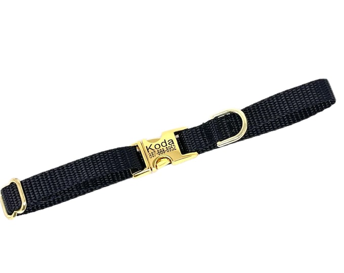 3/8" Dainty Personalized Collar. Black. Handmade in USA. Tagless Dog ID