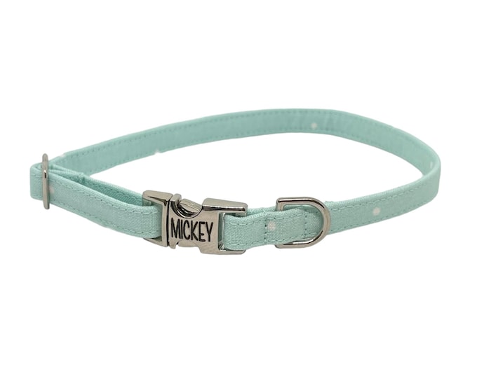 3/8" Dainty Light Blue Dotty Personalized Collar. Handmade in USA. Fabric Style. Tagless Dog ID