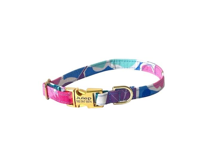 3/8” Dainty Blue Tropical Pup Personalized Collar. Handmade in USA. Fabric Style. Tagless Dog ID