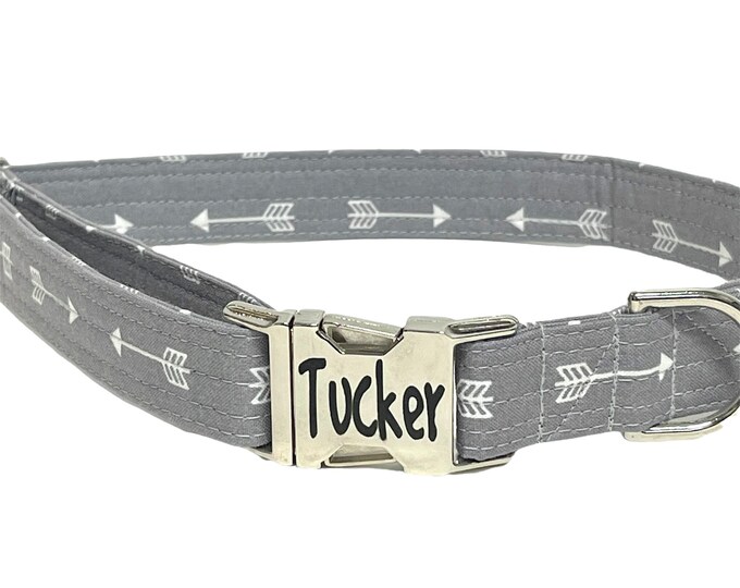Gray Arrow Personalized Collar. Handmade in USA. Fabric Style. Tagless Dog ID