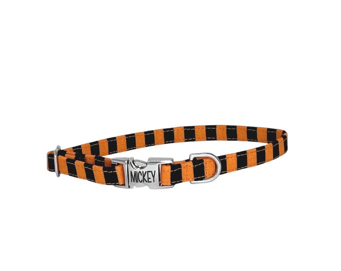 3/8" Dainty Orange Striped Personalized Collar. Handmade in the USA
