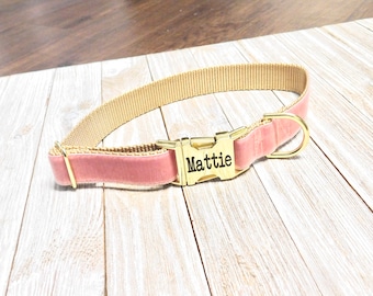 Dusty Rose Personalized Dog Collar | Wedding Day Collar | Laser Engraved Buckle | Tagless Dog ID