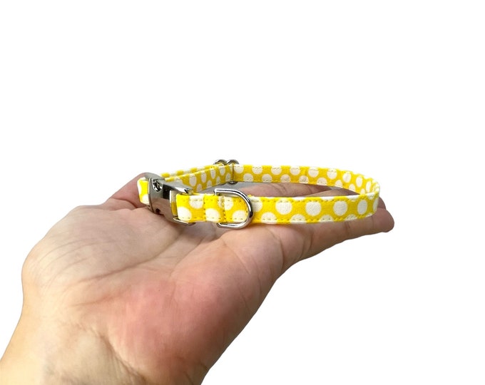3/8" Dainty Yellow Polka dot Personalized Collar. Handmade in USA. Fabric Style. Tagless Dog ID