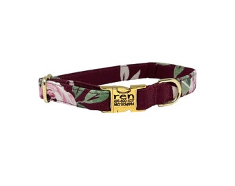 Burgundy Floral Personalized Collar| Laser Engraved Dog Collar | Fabric Style | Tagless Dog ID