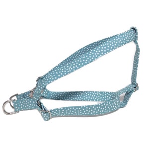 Peut inclure: Un harnais pour chien bleu clair &agrave; pois blancs. Le harnais est dot&eacute; de sangles r&eacute;glables et d'une boucle en m&eacute;tal.