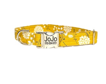 Yellow Floral Personalized Collar| Laser Engraved Dog Collar | Fabric Style | Tagless Dog ID
