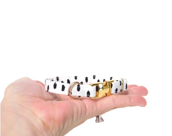 3/8" Dainty White Dotty Dalmatian Personalized Collar. Handmade in USA. Fabric Style. Tagless Dog ID