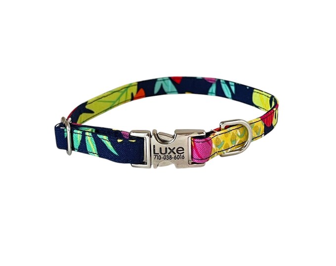 3/8” Dainty Navy Hawaiian Floral Personalized Collar. Handmade in USA. Fabric Style. Tagless Dog ID
