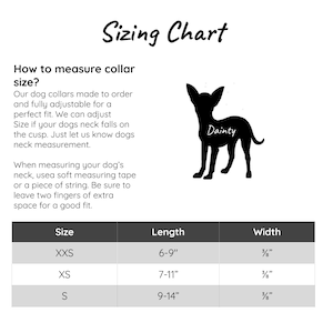 Puede incluir: Tabla de tallas para collares de perro con medidas en pulgadas. La tabla muestra los tama&ntilde;os de collar, las longitudes de cuello y los anchos. La tabla est&aacute; acompa&ntilde;ada de una silueta de un perro peque&ntilde;o con la palabra "Dainty" escrita en ella.