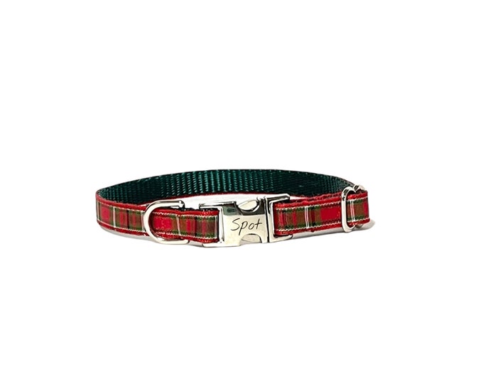 Dainty Red Plaid Holiday Collar. Thin 3/8" Christmas Collar