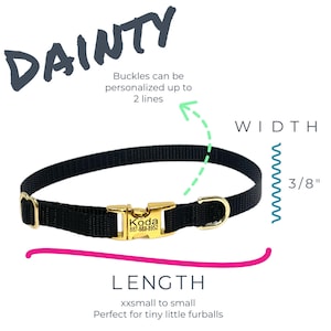 May include: Black nylon dog collar with a gold buckle and a personalized tag that reads "Koda 887-888-8952". The collar is 3/8 inches wide and is designed for small dogs.