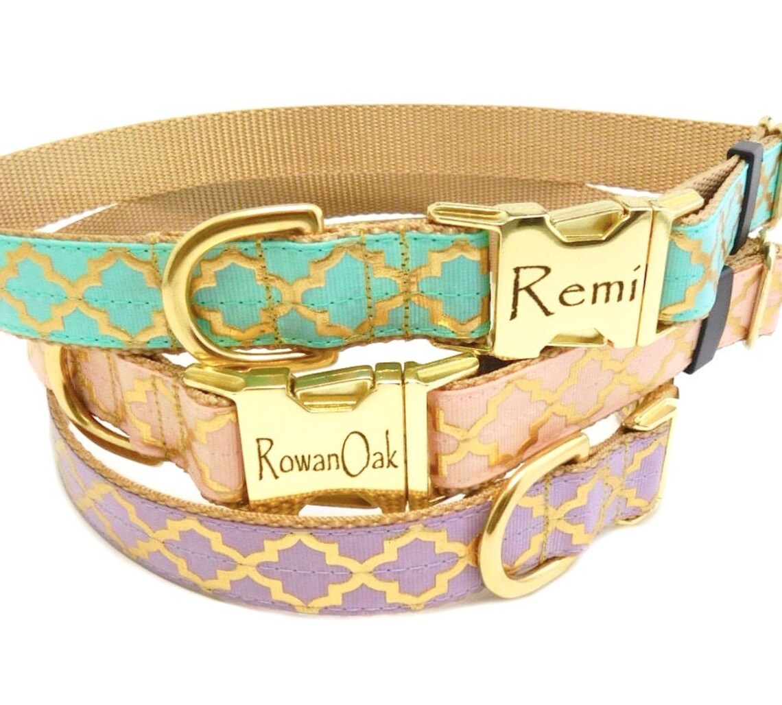 Personalized Dog Collar Gold Quatrefoil Print Gold Metal Etsy