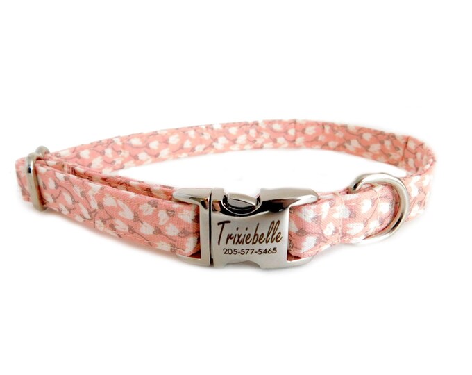 Pink Floral Personalized Collar | Laser Engraved Dog Collar | Fabric Style | Tagless Dog ID