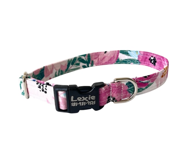 Plum Floral Personalized Collar. Handmade in USA. Fabric Style. Tagless Dog ID.