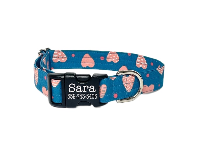 Lovie Dovie Hearts Personalized Collar. Handmade in USA. Fabric Style. Tagless Dog ID.