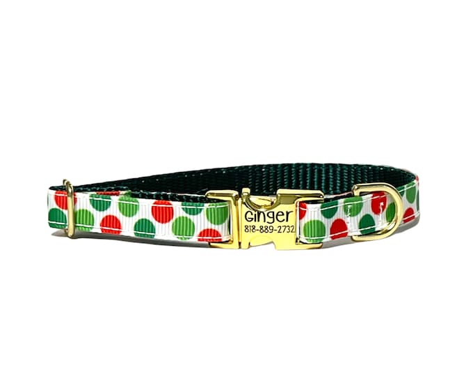 3/8" Dainty Christmas Polka Dot Dog Collar. Handmade in USA.