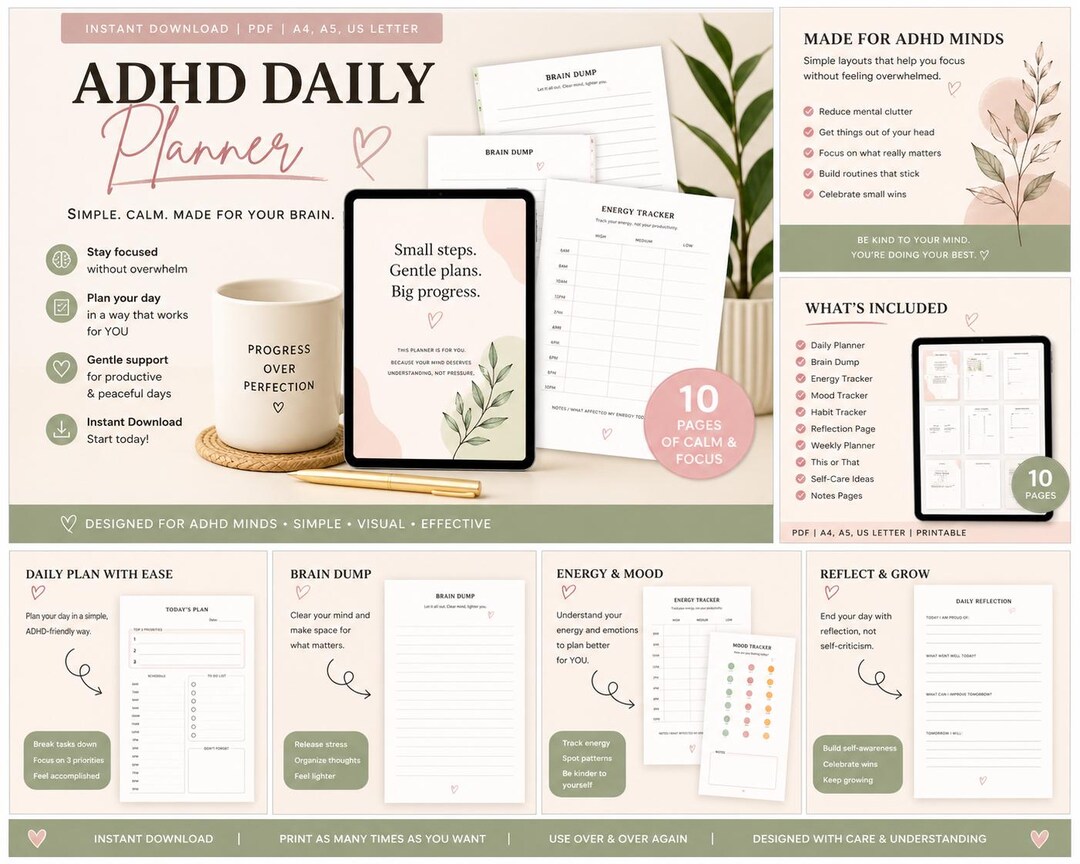 ADHD Planner Printable PDF, Simple Daily ADHD Planner, Brain Dump ...