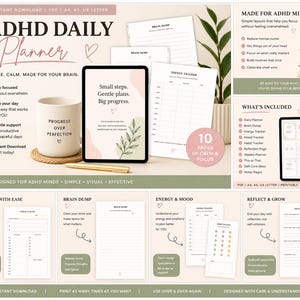 Peut inclure: Planificateur quotidien pour le TDAH avec un design minimaliste. Comprend une tasse avec le texte "Progress Over Perfection", une tablette avec le texte "Small steps. Gentle plans. Big progress." et des pages imprimables.