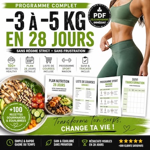 May include: A fitness program advertisement with the text "-3 to -5 KG in 28 days". The image includes a woman in workout attire, healthy food, and various program elements like recipes and a workout plan. The program promises visible results.