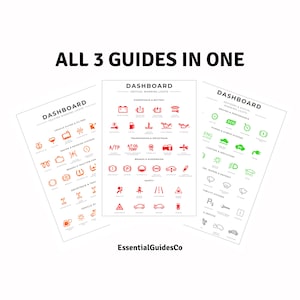 Op de afbeelding: Drie witte gidsen met waarschuwingssymboolen voor het dashboard van een auto in oranje, rood en groen. De tekst "ALL 3 GUIDES IN ONE" staat bovenaan. De gidsen bevatten tekst zoals "DASHBOARD" en "EssentialGuidesCo".