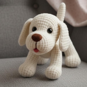 Può includere: Un giocattolo per cani all'uncinetto color crema, con occhi neri, naso marrone e lingua rosa. Il cane ha orecchie flosce ed è in posa giocosa. Il giocattolo è appoggiato su una superficie grigia.
