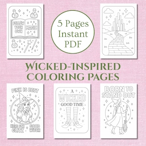 Może przedstawiać: Zbiór pięciu czarno-białych kolorowanek o tematyce „Wicked”. Każda strona zawiera fantazyjne ilustracje i tekst, w tym frazy takie jak „Follow Your Own Magic” i „Pink is Best”. Widoczne są również słowa „5 Pages Instant PDF”.